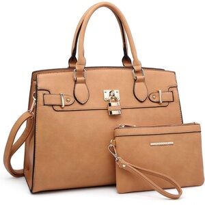 Dasein Structured Satchel Handbag Gold Lock Detail Top Handle Purse Work Tote